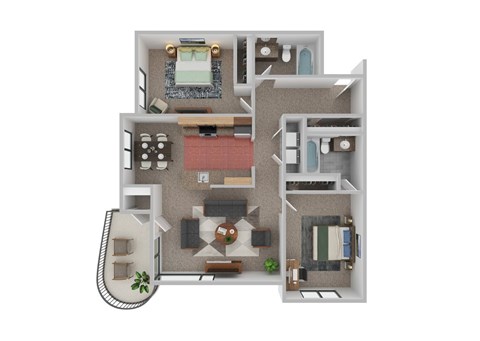 A 3D floor plan of a house with a living room, kitchen, and two bedrooms.